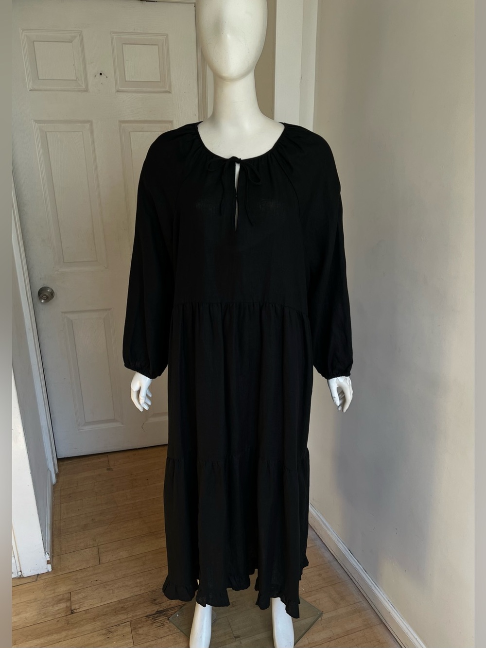 J. Crew 100% Linen Tiered Black Maxi Dress Size L/XL NWT Pockets Coastal Peasant - Picture 4 of 13